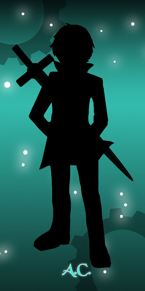 A silhouette image of A.C. wearing a jacket with popped up collar and a sword slung across his back.