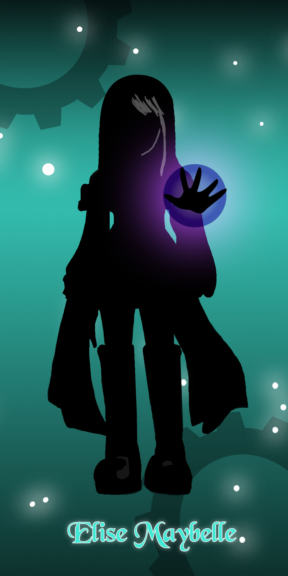 A silhouette image of Elise Maybelle where she has long boots and a flowy clothes. A purple magic emanates from her raised hand.