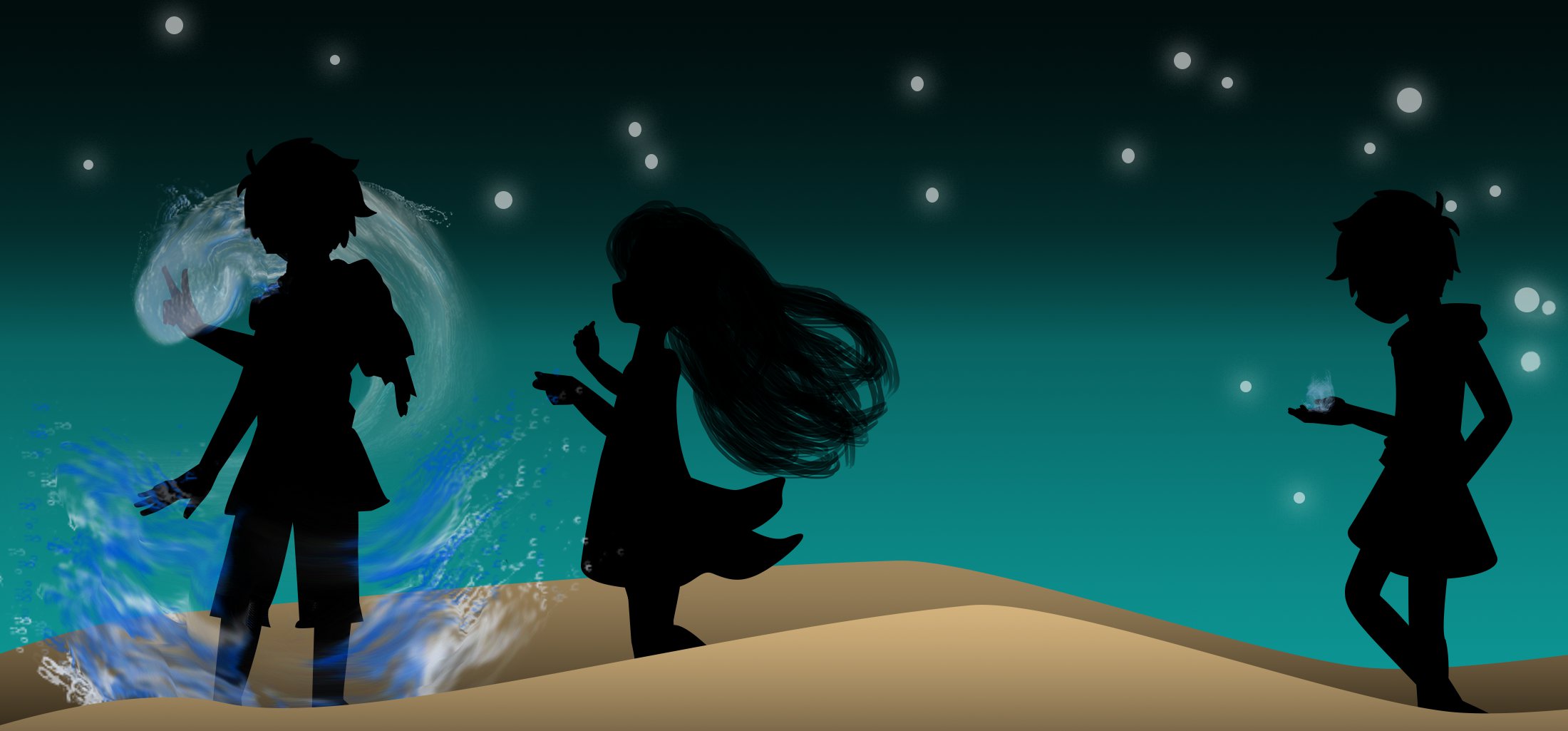A somber silhouette of Roger in the desert. On the left, we see the silhouette of a male mage casting an impressive water spell. The silhouette of a female mage is shown beside, looking impressed by the display. Far away from them, on the right edge of the image, we see the silhouette of Roger looking down at a small droplet of water in his hand.