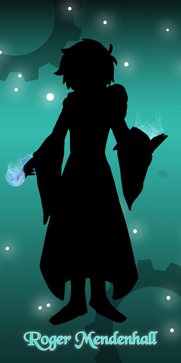 A silhouette image of Roger Mendenhall. He has long robes and water magic seems to be forming on his hand.