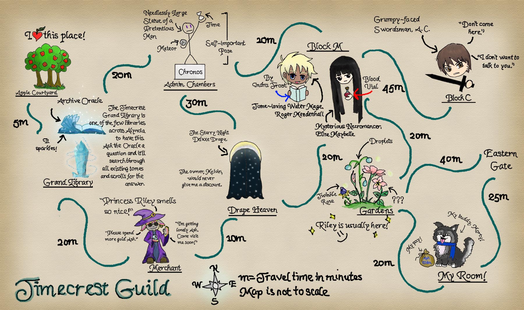 A map of Timecrest Guild hand-drawn by Ash. You can see many locations such as the Apple Courtyward, the Grand Library, the Timecrest Merchant, or even the Administration Chambers.
