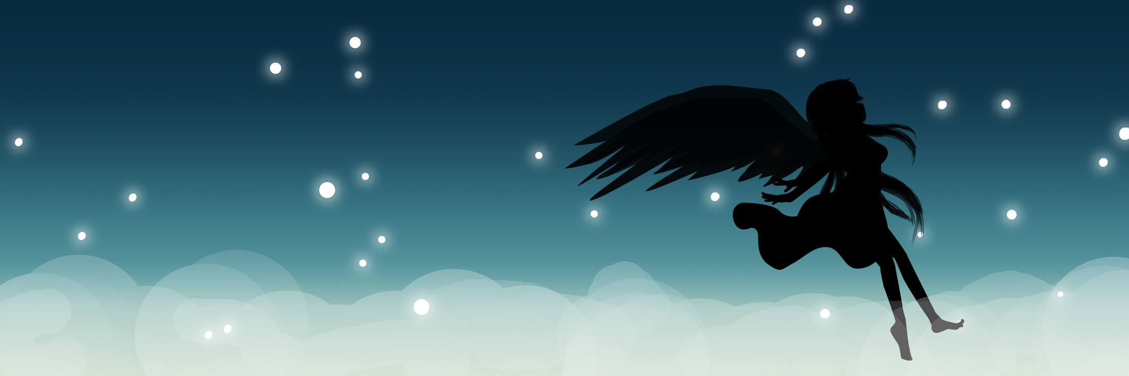 An angelic looking silhouette of Princess Riley in front of a backdrop of twinkling stars. Her feet just touch the top of the clouds, and her wings stretch back behind her, dress flowing through the wind.